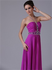 Spaghetti Halter Strap Purple Chiffon Prom Night Dress With Crystals