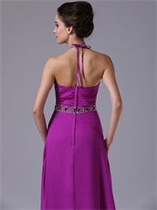 Spaghetti Halter Strap Purple Chiffon Prom Night Dress With Crystals