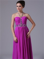 Spaghetti Halter Strap Purple Chiffon Prom Night Dress With Crystals