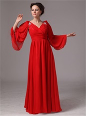 Red Chiffon Long Flare Sleeve Mother Of Bride Prom Dress Wedding Wear