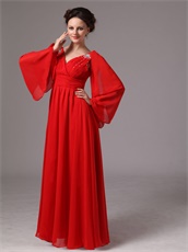 Red Chiffon Long Flare Sleeve Mother Of Bride Prom Dress Wedding Wear