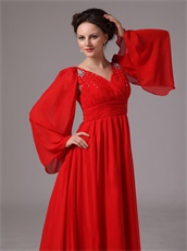 Red Chiffon Long Flare Sleeve Mother Of Bride Prom Dress Wedding Wear