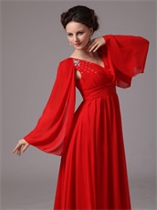 Red Chiffon Long Flare Sleeve Mother Of Bride Prom Dress Wedding Wear