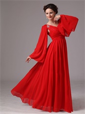 Red Chiffon Long Flare Sleeve Mother Of Bride Prom Dress Wedding Wear