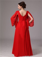 Red Chiffon Long Flare Sleeve Mother Of Bride Prom Dress Wedding Wear