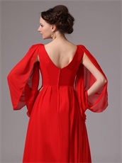 Red Chiffon Long Flare Sleeve Mother Of Bride Prom Dress Wedding Wear