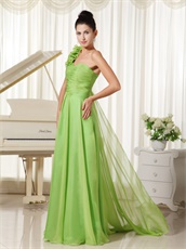 Single Floral Sleeve Spring Green Ballroom Dancing Dress With Watteau Train