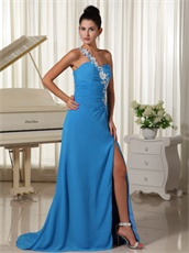 Latest One Shoulder Sky Blue Vocal Concert Prom Dress Long Split Style