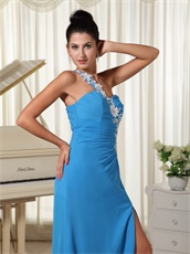 Latest One Shoulder Sky Blue Vocal Concert Prom Dress Long Split Style