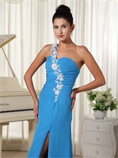 Latest One Shoulder Sky Blue Vocal Concert Prom Dress Long Split Style