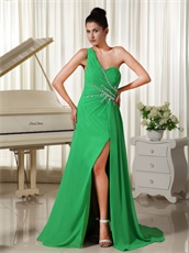 Mature One Shoulder High Fork Side Zipper-up Spring Green Prom Dress