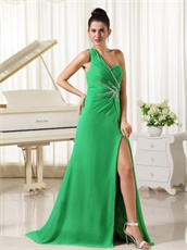 Mature One Shoulder High Fork Side Zipper-up Spring Green Prom Dress