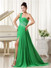 Mature One Shoulder High Fork Side Zipper-up Spring Green Prom Dress