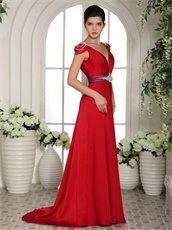 Quality Cap Sleeves Beaded Red Long Skirt Military Prom Gowns Custom Made