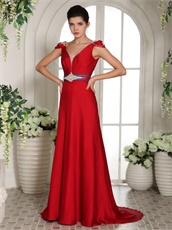 Quality Cap Sleeves Beaded Red Long Skirt Military Prom Gowns Custom Made