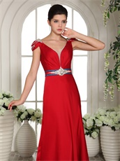 Quality Cap Sleeves Beaded Red Long Skirt Military Prom Gowns Custom Made