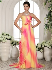 Gradually Changing Hot Pink And Yellow Handwork Flowers Runway Prom Gowns