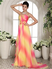 Gradually Changing Hot Pink And Yellow Handwork Flowers Runway Prom Gowns