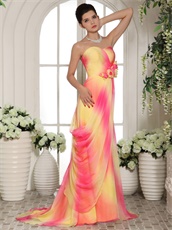 Gradually Changing Hot Pink And Yellow Handwork Flowers Runway Prom Gowns