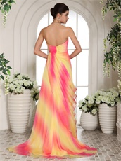 Gradually Changing Hot Pink And Yellow Handwork Flowers Runway Prom Gowns