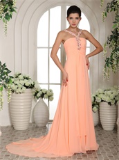 Double Halter Straps Column Peach Chiffn Spring Prom Dress Warm Tone