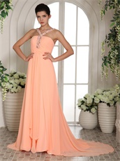 Double Halter Straps Column Peach Chiffn Spring Prom Dress Warm Tone