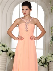 Double Halter Straps Column Peach Chiffn Spring Prom Dress Warm Tone