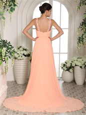 Double Halter Straps Column Peach Chiffn Spring Prom Dress Warm Tone