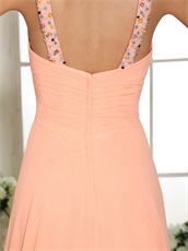 Double Halter Straps Column Peach Chiffn Spring Prom Dress Warm Tone