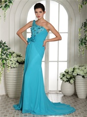 Single Strap Turquoise Draped Skirt Girl Formal Evening Prom Gown