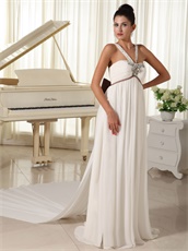 Exclusive V-Neck Straps Watteau Train Empire Prom Gown With Chocolate Bowknot