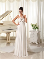 Exclusive V-Neck Straps Watteau Train Empire Prom Gown With Chocolate Bowknot