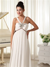 Exclusive V-Neck Straps Watteau Train Empire Prom Gown With Chocolate Bowknot