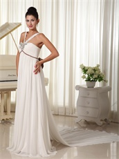 Exclusive V-Neck Straps Watteau Train Empire Prom Gown With Chocolate Bowknot