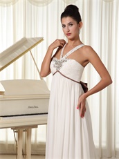 Exclusive V-Neck Straps Watteau Train Empire Prom Gown With Chocolate Bowknot