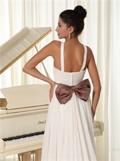 Exclusive V-Neck Straps Watteau Train Empire Prom Gown With Chocolate Bowknot