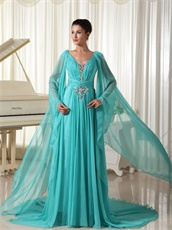 Unique Design Butterfly Wing Sleeves V-neck Turquoise Runway Show Prom Dress