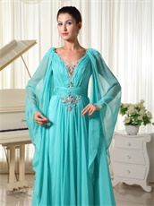 Unique Design Butterfly Wing Sleeves V-neck Turquoise Runway Show Prom Dress