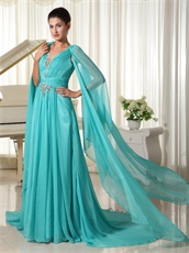 Unique Design Butterfly Wing Sleeves V-neck Turquoise Runway Show Prom Dress