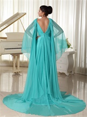 Unique Design Butterfly Wing Sleeves V-neck Turquoise Runway Show Prom Dress
