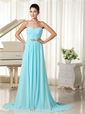 Ruched Bodice Aqua Blue Chiffon Brush Train Stage Show Prom Dress