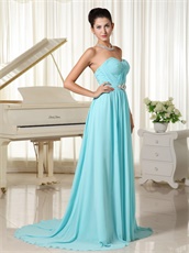 Ruched Bodice Aqua Blue Chiffon Brush Train Stage Show Prom Dress