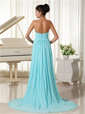 Ruched Bodice Aqua Blue Chiffon Brush Train Stage Show Prom Dress