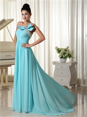 Classical One Shoulder Draped Skirt Light Blue Chiffon Banquet Prom Dress