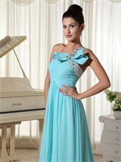 Classical One Shoulder Draped Skirt Light Blue Chiffon Banquet Prom Dress