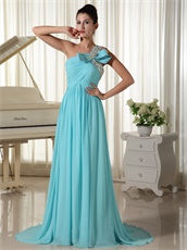 Classical One Shoulder Draped Skirt Light Blue Chiffon Banquet Prom Dress