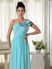 Classical One Shoulder Draped Skirt Light Blue Chiffon Banquet Prom Dress