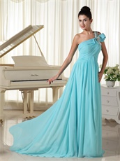 Classical One Shoulder Draped Skirt Light Blue Chiffon Banquet Prom Dress