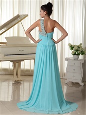 Classical One Shoulder Draped Skirt Light Blue Chiffon Banquet Prom Dress
