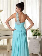 Classical One Shoulder Draped Skirt Light Blue Chiffon Banquet Prom Dress